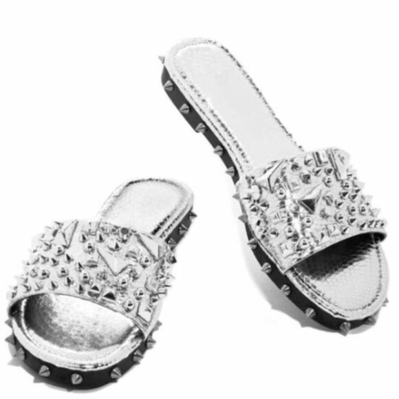 Silver Studded Women's Slide Sandals - Picture 3 of 4